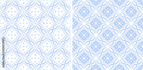 Set of Seamless Geometric Diagonal Checked Light Blue Patterns. 