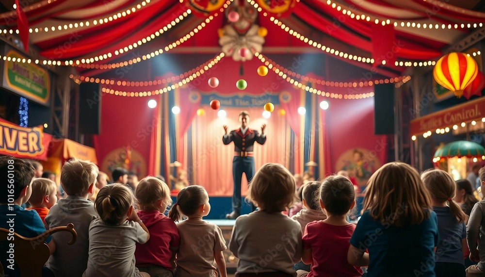 Children watching a show inside a decorated and lit circus tent, seen from behind. Children watching a show inside a decorated and lit circus tent, seen from behind.