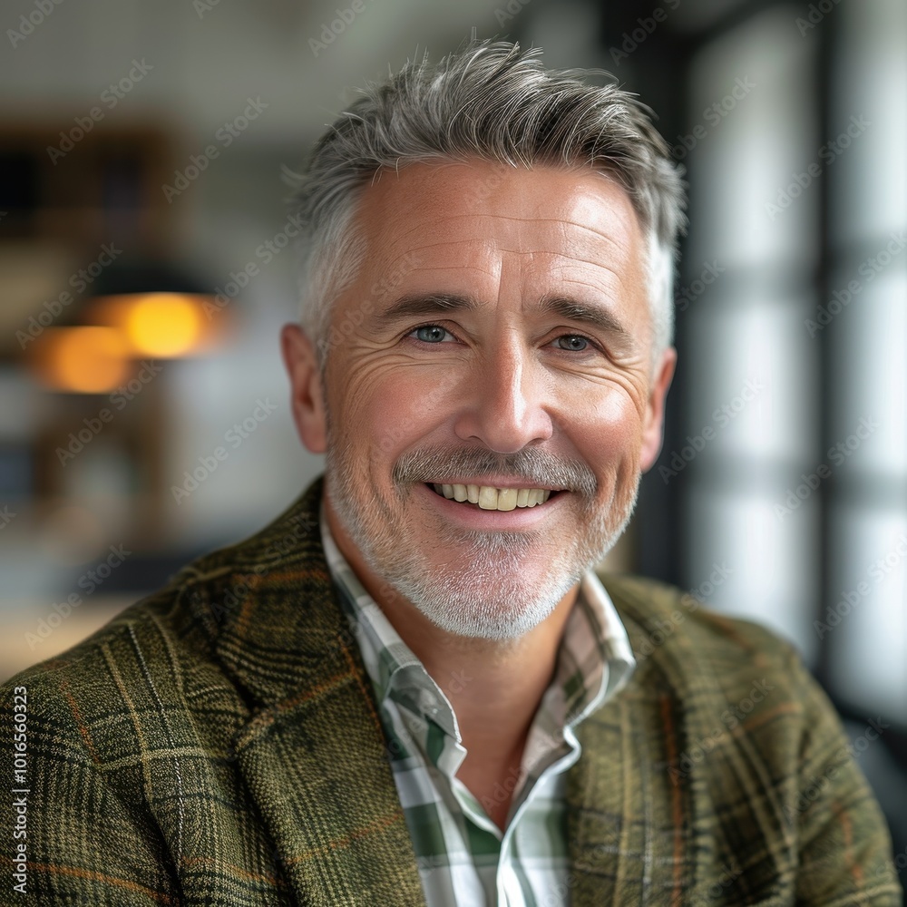 British content strategist with a smile in a modern office setting British content strategist with a smile in a modern office setting