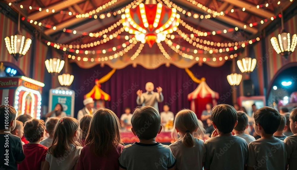 Children watching a show inside a decorated and lit circus tent, seen from behind. Children watching a show inside a decorated and lit circus tent, seen from behind.
