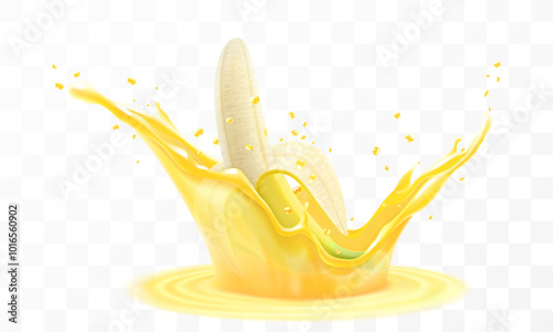 Fresh fruit banana juice. Yellow ripe banana falls into a splash of juice, isolated on transparent background. Realistic 3d vector illustration. Summer vitamin food and drink. Banana smoothie splash