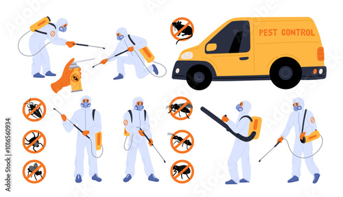 Pest control workers. Parasites extermination. People in protective costumes with chemical insecticide sprayers. Exterminators spray pesticide. Insects fumigation. Garish vector set