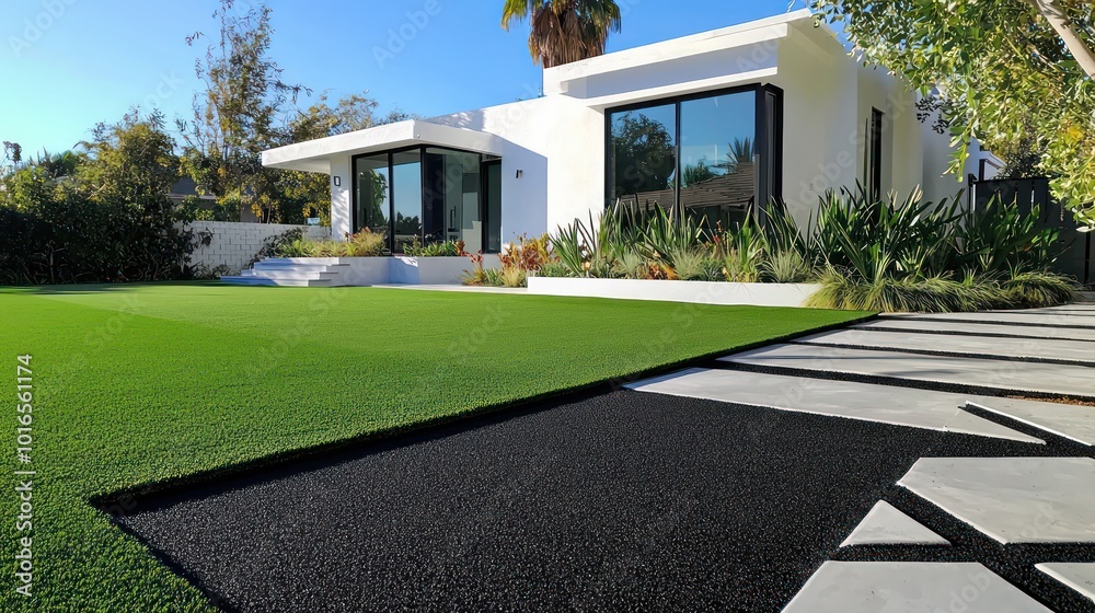 Matte black artificial turf giving a modern twist in front of a white home with a geometric concrete pathway
