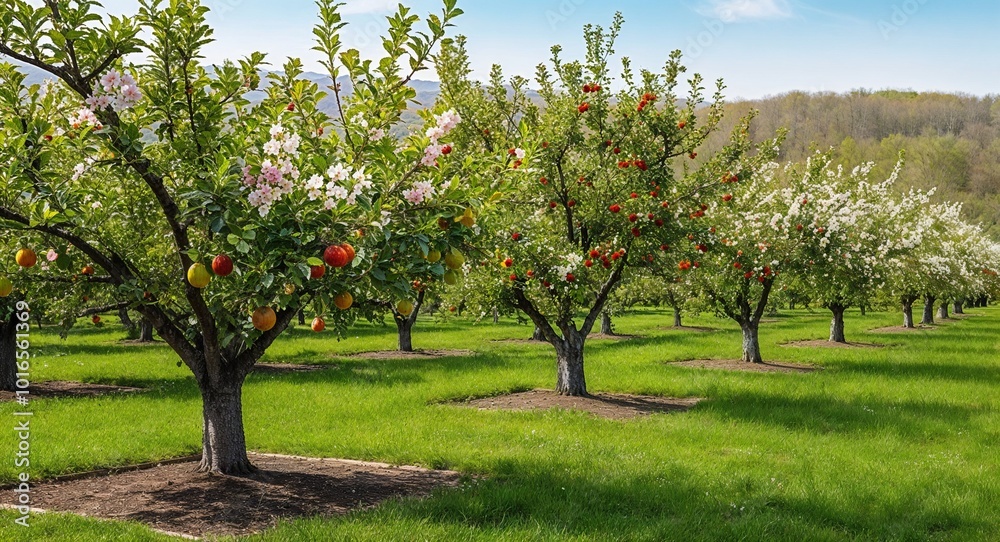 Fototapeta premium Fruit tree orchard in bloom with fragrant flowers