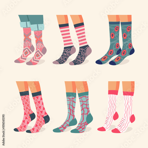 Set Legs and fashion socks. Women's cotton colorful long socks. Hand drawn vector illustration for web banner, page header design.