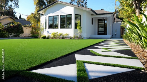 Matte black artificial turf giving a modern twist in front of a white home with a geometric concrete pathway