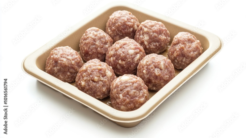Meatballs in a well-designed, eco-friendly package, isolated on a white background, emphasizing freshness and quality. Meatballs in a well-designed, eco-friendly package, isolated on a white background, emphasizing freshness and quality.
