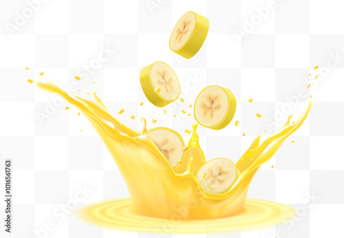 Fresh fruit banana juice. Yellow ripe banana falls into a splash of juice, isolated on transparent background. Realistic 3d vector illustration. Summer vitamin food and drink. Banana smoothie splash
