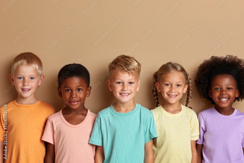 Group of happy children standing together and looking at camera over beige background Group of happy children standing together and looking at camera over beige background