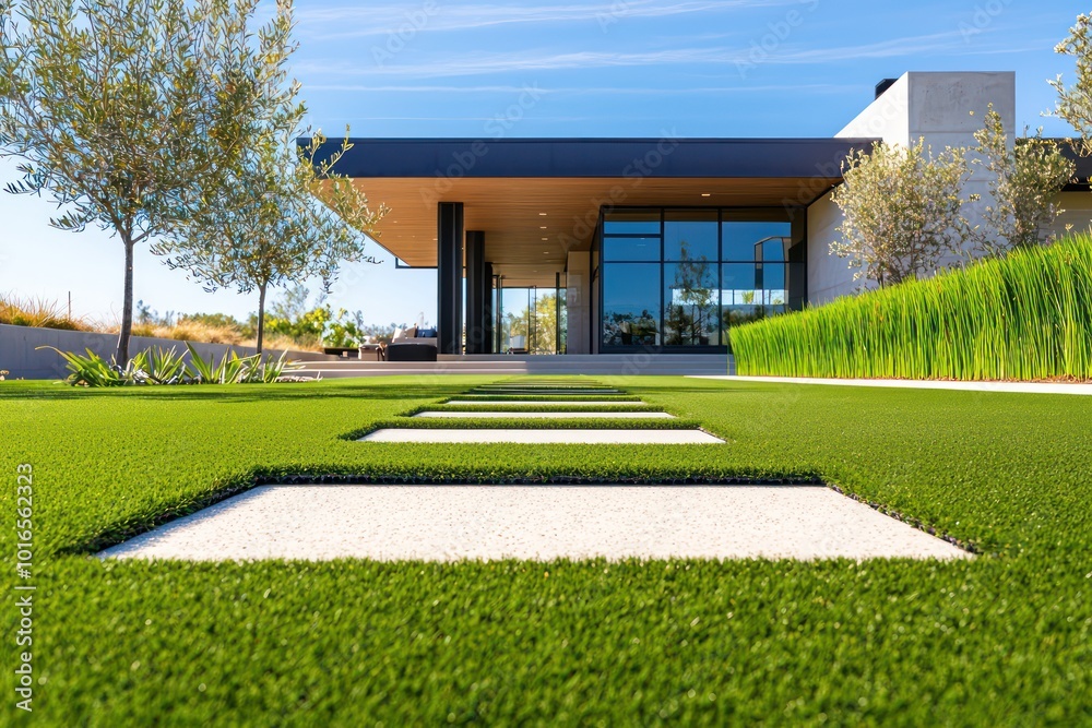 Matte navy synthetic grass in front of a sleek, modern home with a minimalist design and a straight concrete pathway Matte navy synthetic grass in front of a sleek, modern home with a minimalist design and a straight concrete pathway