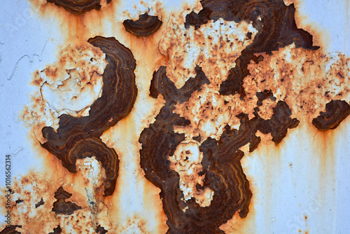 Unusual backgrounds, old, rusty building materials. Metallic background made of black metal, covered with gray old paint and brown, red rust. photo