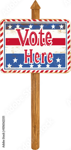 Vector illustration of classic 'Vote Here' sign with patriotic stars and stripes, directing voters to the polling station