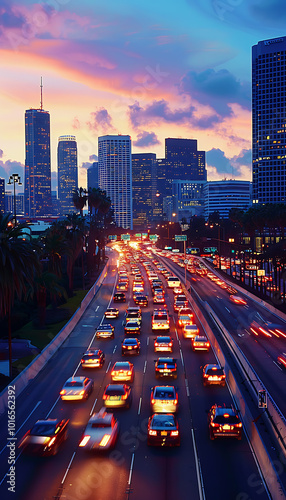 Cityscape at Dusk: Traffic Jam on Illuminated Highway Interchange