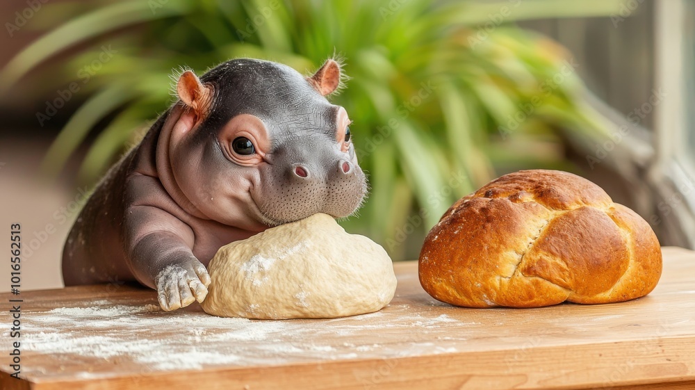 Cute baby hippo playing with dough on a wooden table, surrounded by a cozy environment. Cute baby hippo playing with dough on a wooden table, surrounded by a cozy environment.
