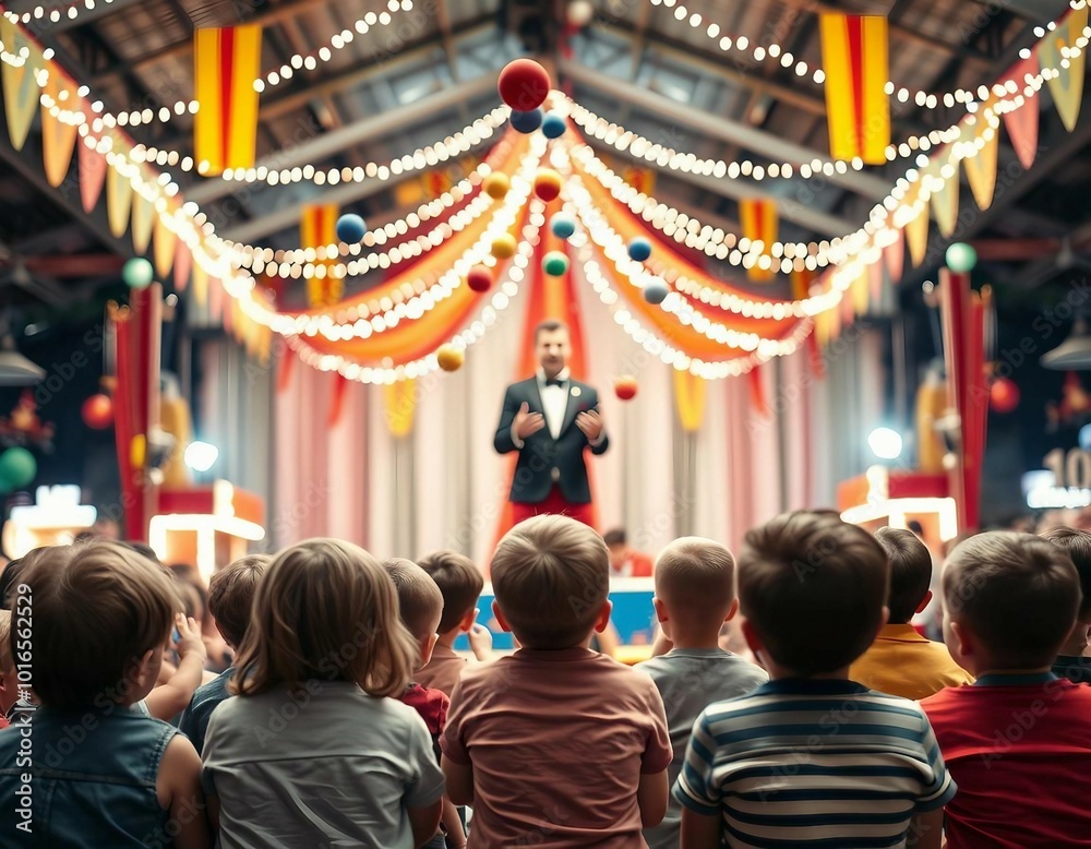 Children watching a show inside a decorated and lit circus tent, seen from behind. Children watching a show inside a decorated and lit circus tent, seen from behind.