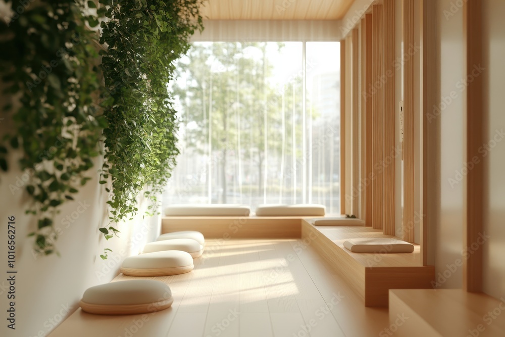 Serene Indoor Oasis: Wellness Space with Calming Greenery and Eco-Friendly Design