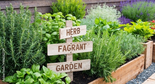 Herb garden with fragrant plants and rustic wooden signs