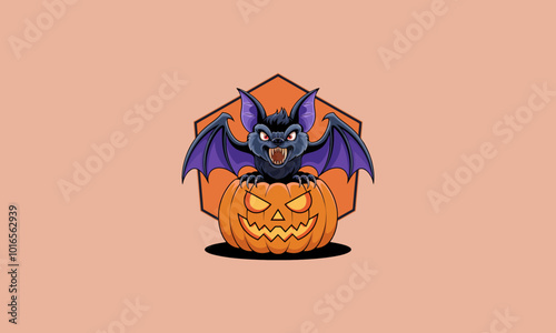 Angry bat sitting on a carved pumpkin for Halloween