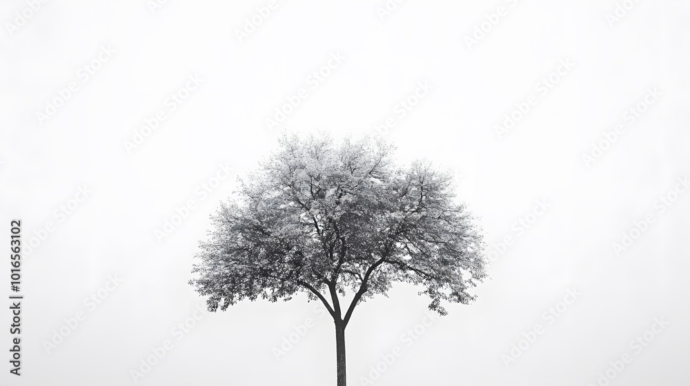 Fototapeta premium A minimalist tree, with simple branches and leaves, on a white background.
