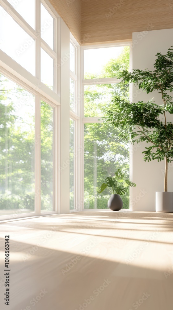 Fototapeta premium Eco-Friendly Modern Lounge Oasis with Indoor Trees and Recycled Materials