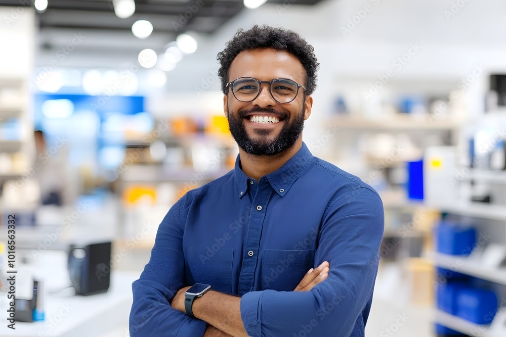 Portrait of a confident and proud consumer electronics industry worker showcasing a feature-rich product in a sophisticated and minimalist showroom setting. Portrait of a confident and proud consumer electronics industry worker showcasing a feature-rich product in a sophisticated and minimalist showroom setting.
