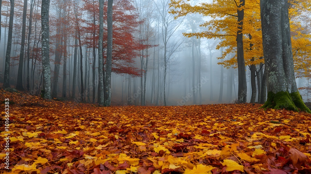A misty forest in autumn, with golden and red leaves covering the ground.

