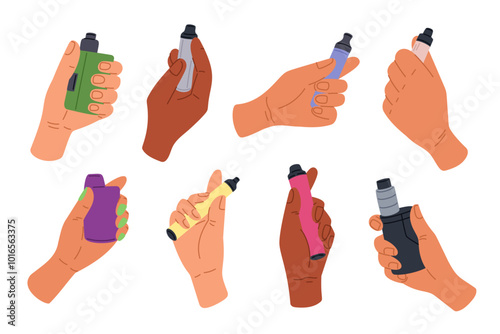 Male and female hands holding vapes. Modern nicotine free gadgets. Electronic cigarettes. Tobacco smoking. Unhealthy addiction. Smoke simulating. Vaping device. Human arm. Garish vector set