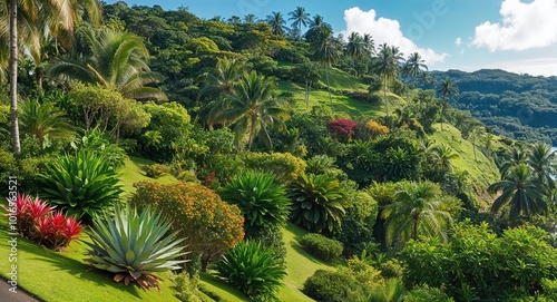 Lush hillside covered in tropical plants and trees