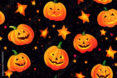 Pumpkins and stars, against a neon glittery black background, in a repeating pattern