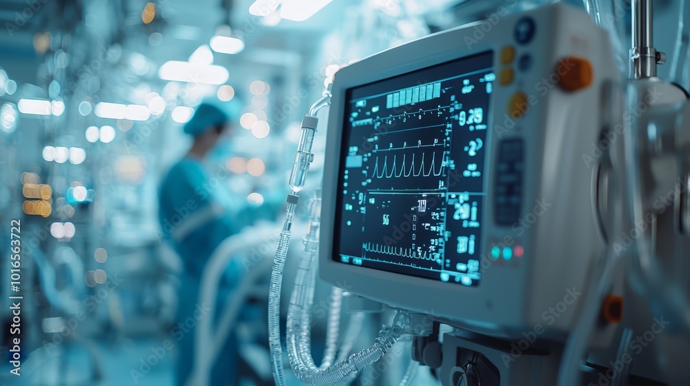 Medical monitoring equipment in a hospital room with blurred background of medical staff Medical monitoring equipment in a hospital room with blurred background of medical staff