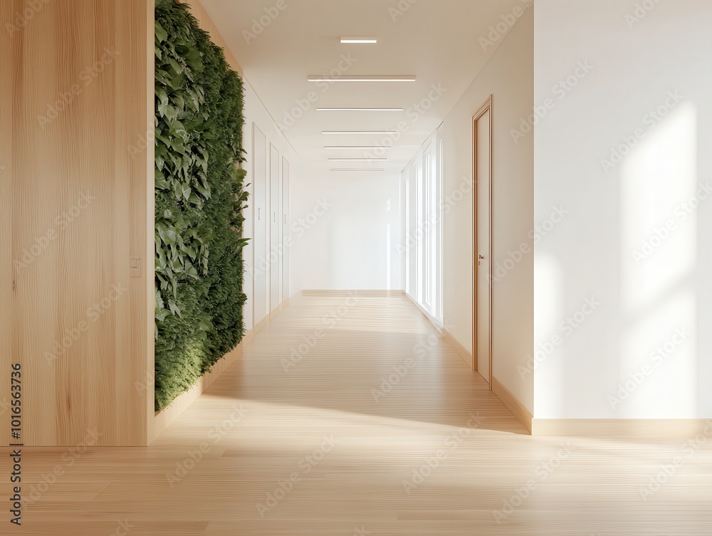 Serene Modern Office Hallway Oasis with Vertical Gardens and Ample Natural Light