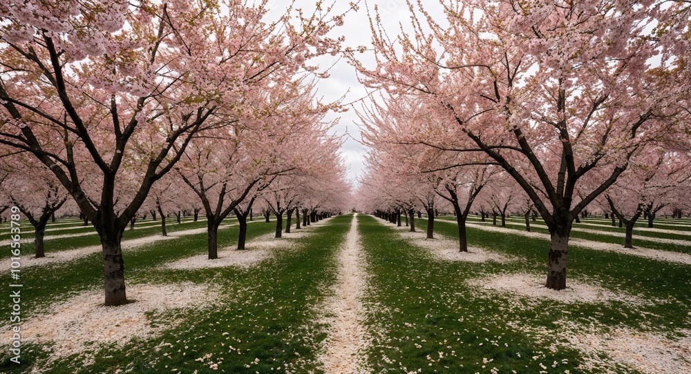 Orchard with blooming cherry trees and fallen petals Orchard with blooming cherry trees and fallen petals
