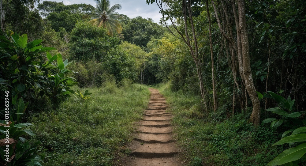 Fototapeta premium Overgrown pathway leading to a secluded spot in the jungle