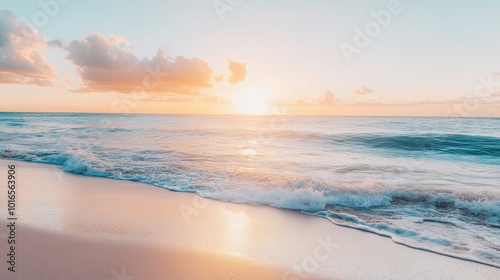 A serene beach at dusk, with calm waves and golden sand, the horizon glowing in warm sunset colors, creating a perfect travel scene