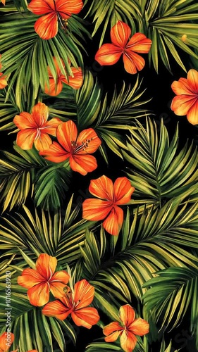 Vibrant tropical hibiscus palm leaves pattern