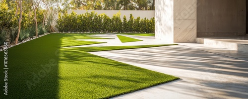 Matte ocher synthetic turf enhancing the minimalist backyard of a modern home with a geometric concrete walkway