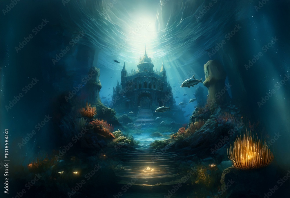 An underwater scene with a stone castle submerged beneath the water's surface, illuminated by a beam of sunlight. An underwater scene with a stone castle submerged beneath the water's surface, illuminated by a beam of sunlight.