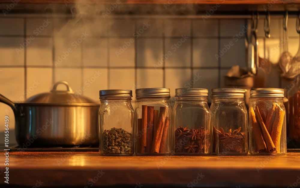A cozy kitchen scene featuring jars of spices and a steaming pot, highlighting culinary preparation and warmth. A cozy kitchen scene featuring jars of spices and a steaming pot, highlighting culinary preparation and warmth.