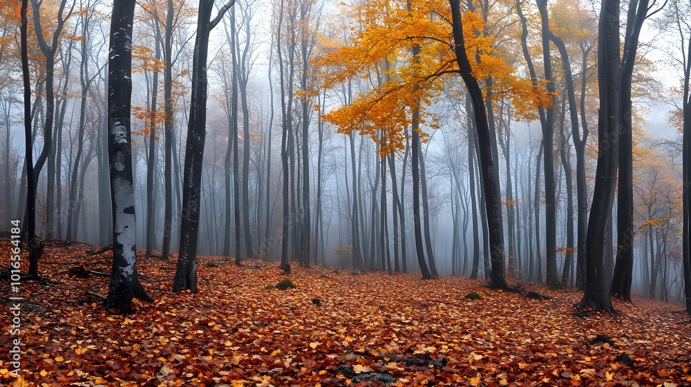 A misty forest in autumn, with golden and red leaves covering the ground.
A misty forest in autumn, with golden and red leaves covering the ground.