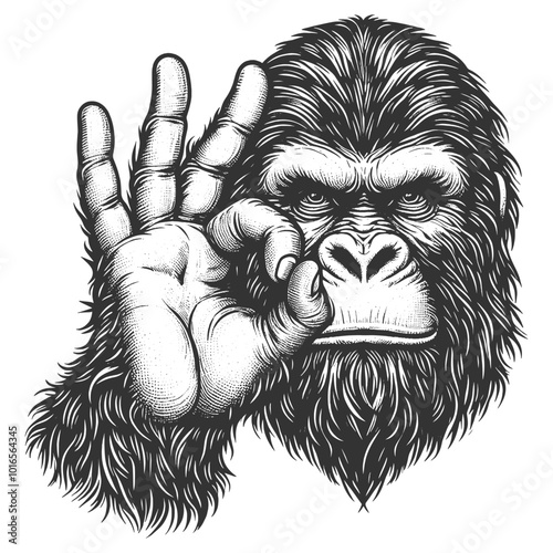 Monkey animal hand with ok gesture sketch engraving generative ai vector illustration. Good sign. Scratch board style imitation.  photo