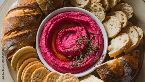 Beetroot Hummus Spread, A vibrant pink beetroot hummus spread served with artisan bread or crackers, offering a colorful and fresh take on a traditional dip photo