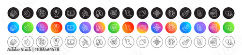Shoulder strap, World money and Change money line icons. Round icon gradient buttons. Pack of Outsourcing, Stress, No waterproof icon. Volunteer, Euro currency, Scroll down pictogram. Vector