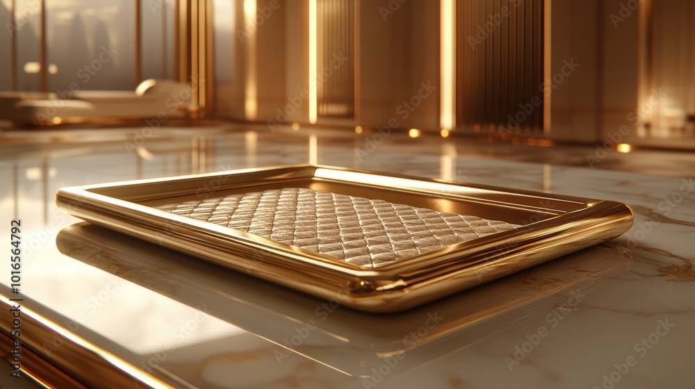 Elegant marble tabletop with a gold-accented tray under warm lighting in a luxurious interior setting