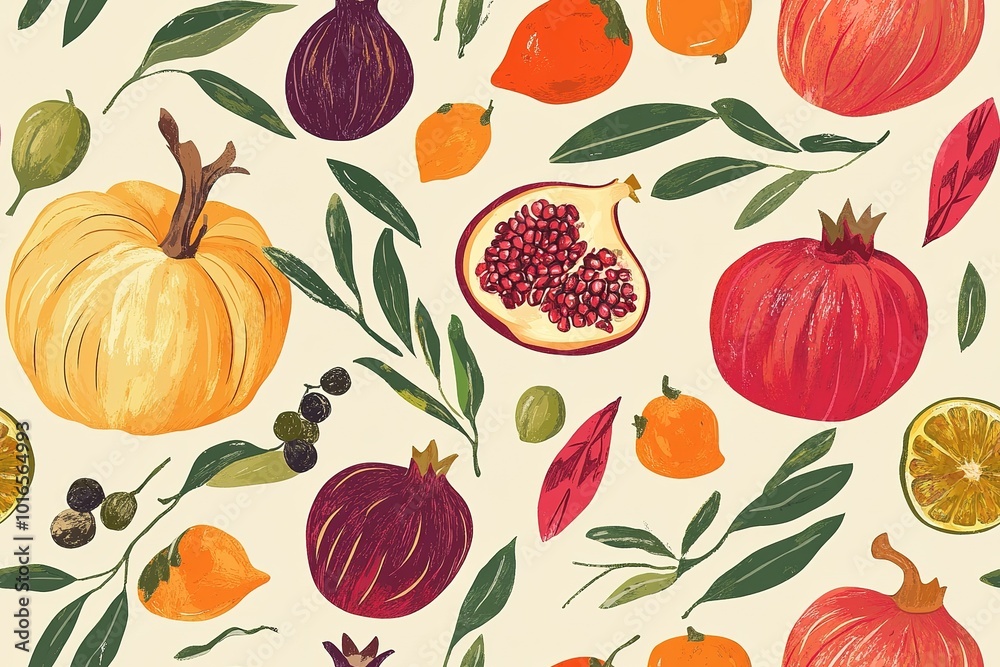 A illustration of colorful autumn fruits and vegetables, including pomegranates, figs, leaves, and pumpkins A illustration of colorful autumn fruits and vegetables, including pomegranates, figs, leaves, and pumpkins