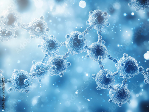 A soft and calm scene with a light blue background, featuring very small molecular structures.