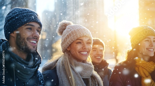 Cheerful Friends Enjoying Winter Day In City Snowy Outdoor Adventure