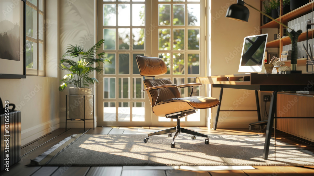 Fototapeta premium A sleek ergonomic office chair in a modern home office, offering lumbar support and adjustable settings for maximum comfort.