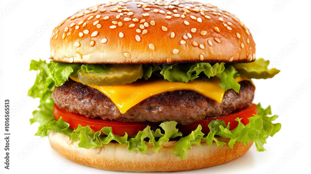 A juicy pork burger with fresh ingredients and a black sesame bun, placed on a clean white background A juicy pork burger with fresh ingredients and a black sesame bun, placed on a clean white background