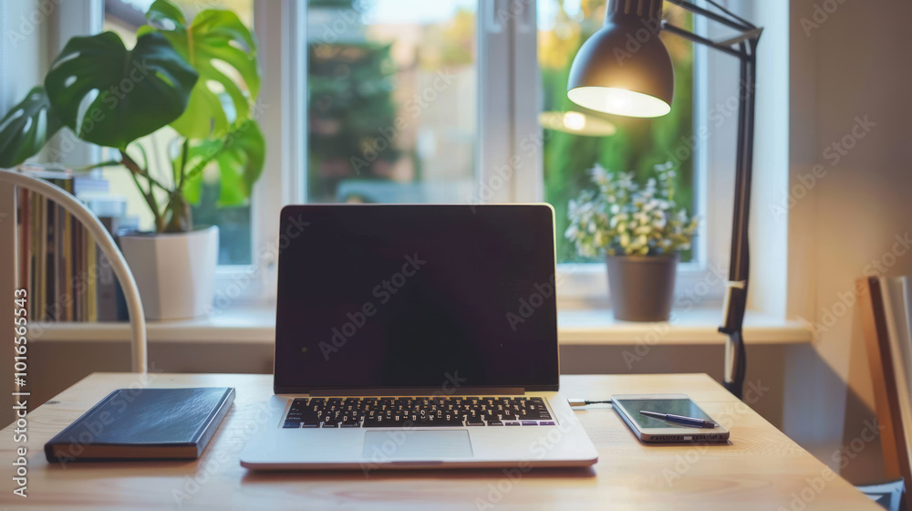 A sleek, minimalist home office setup with just a laptop, notebook, and task lamp, perfect for focus and simplicity. A sleek, minimalist home office setup with just a laptop, notebook, and task lamp, perfect for focus and simplicity.