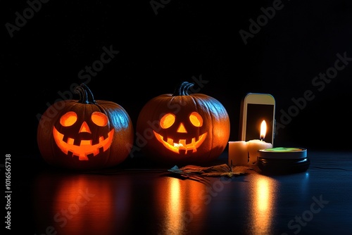 Halloween pumpkins and candles on dark background, halloween caracters, spooky Halloween concept photo